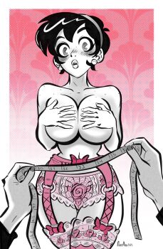 1boy 1girl andymax black_hair blush covering_breasts covering_privates earrings greyscale greyscale_with_colored_background hairband highres holding_tape_measure jewelry looking_at_viewer monochrome original panties pink_background pink_garter_belt pink_garter_straps pink_panties pink_thighhighs pov pov_hands short_hair signature spot_color tape_measure thighhighs topless_female underwear viola_delaine_(andymax)