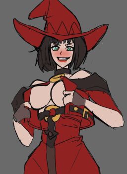 1girl black_hair blue_eyes blush breasts cleavage guilty_gear harness hat highres i-no large_breasts looking_at_viewer o-ring o-ring_harness short_hair simple_background solo sunbeam_(artist) witch_hat