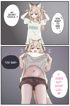 1girl :d absurdres animal_ears black_shorts brown_hair clothes_lift english_text fang hair_ornament hairclip hashtag-only_commentary highres holding holding_own_hair kan_(kannanii) komachi_panko lifting_own_clothes long_hair looking_at_viewer navel open_mouth phase_connect purple_eyes purple_hair raccoon_ears raccoon_girl raccoon_tail shirt shirt_lift short_shorts short_sleeves shorts skin_fang smile smug stomach tail two_side_up virtual_youtuber white_shirt