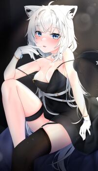 Rule 34 | 1girl, absurdres, ahoge, animal ear fluff, animal ears, black dress, black thighhighs, blue eyes, blush, braid, breasts, cleavage, commentary request, dress, earrings, fox ears, fox girl, fox tail, garter belt, gloves, hair between eyes, highres, hololive, jewelry, knee up, long hair, looking at viewer, medium breasts, open mouth, pentagram, shirakami fubuki, sidelocks, single braid, single thighhigh, sitting, solo, st-147, tail, thigh strap, thighhighs, virtual youtuber, white gloves, white hair