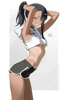 1girl absurdres arms_up artist_name black_choker black_hair black_shorts breasts brown_eyes choker cropped_hoodie dark-skinned_female dark_skin grin hair_ornament hairclip high_ponytail highres hood hoodie ijiranaide_nagatoro-san long_hair looking_at_viewer nagatoro_hayase otokakoto ponytail short_shorts shorts small_breasts smile solo tan tanline thighs