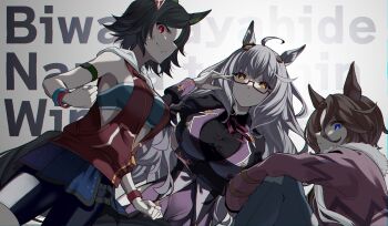 3girls absurdres adjusting_eyewear ahoge animal_ears arm_under_breasts bandaid bandaid_on_face bandeau bike_shorts bike_shorts_under_skirt biwa_hayahide_(umamusume) black-framed_eyewear black_bandeau black_hair black_shirt black_shorts blue_eyes blue_pants blue_skirt bnw_(umamusume) brown_hair character_name clenched_hand closed_mouth commentary denim dress dutch_angle ear_ornament english_commentary frown fur-trimmed_jacket fur_trim glasses grey_hair haibarasaika hair_between_eyes highres hood hood_down hoodie horse_ears horse_girl horse_tail hugging_own_legs jacket jeans juliet_sleeves long_hair long_sleeves looking_at_viewer miniskirt multiple_girls narita_taishin_(umamusume) neck_ribbon pants partially_unzipped pink_jacket puffy_sleeves purple_dress purple_ribbon red_eyes red_hoodie ribbon semi-rimless_eyewear shirt short_hair shorts sitting skirt sleeveless sleeveless_hoodie smile standing tail text_background torn_clothes torn_pants umamusume under-rim_eyewear winning_ticket_(umamusume)