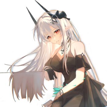 1girl absurdres ambience_synesthesia arknights bare_shoulders black_dress black_gloves black_horns breasts chinese_commentary commentary_request dress earrings gloves halter_dress halterneck highres horns jewelry large_breasts long_hair looking_at_viewer mudrock_(arknights) mudrock_(obsidian)_(arknights) official_alternate_costume partially_fingerless_gloves pointy_ears red_eyes short_sleeves simple_background smile solo unfinished white_hair yean_(eucalypt)