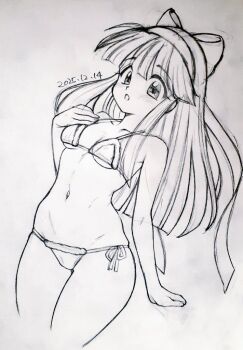 1girl arm_support bikini breasts dated hair_ribbon hand_on_own_chest highres legs long_hair looking_at_viewer monochrome nakoruru navel open_mouth ribbon samurai_spirits santa_bikini santa_costume side-tie_bikini_bottom sketch small_breasts snk solo swimsuit the_king_of_fighters thighs toned traditional_media underboob