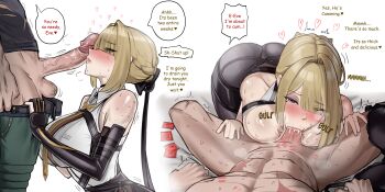 1boy 1girl absurdres arm_strap bad_tag bbeamb2 black_pants blonde_hair blush breasts elbow_gloves english_text erection evelyn_chevalier fellatio gloves hair_up half_gloves harness hetero high-waist_pants highres imminent_fellatio large_breasts large_penis latex latex_pants lighter_(zenless_zone_zero) looking_at_penis necktie oral pants penis penis_awe penis_on_face penis_over_one_eye purple_eyes shirt simple_background single_elbow_glove single_half_glove sound_effects speech_bubble testicles tight_clothes tight_pants uneven_bangs veins veiny_penis white_background white_shirt zenless_zone_zero