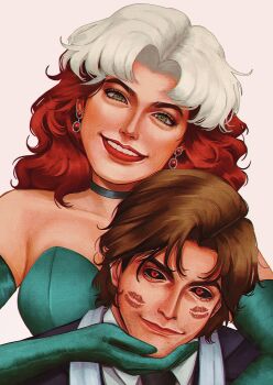 1boy 1girl absurdres alternate_costume aqua_choker aqua_dress aqua_gloves black_jacket black_necktie black_sclera brown_hair butsuyui choker colored_sclera commentary couple dress earrings elbow_gloves english_commentary facial_hair film_grain formal_clothes gambit gem gloves green_eyes hand_on_another&#039;s_chin head_tilt hetero highres jacket jewelry lipstick_mark long_hair looking_at_viewer marvel multicolored_hair necktie parted_hair red_eyes red_gemstone red_hair red_lips rogue_(x-men) shirt short_hair smile strapless strapless_dress stubble teeth upper_body white_background white_hair white_shirt x-men