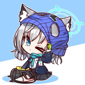 &gt;_o 1girl absurdres abydos_high_school_logo animal_ear_fluff animal_ears black_skirt blue_archive blue_background blue_eyes blue_halo blue_jacket blue_scarf chibi chibi_only closed_mouth eyes_visible_through_hair full_body gloves green_gloves grey_hair hair_between_eyes halo hand_up hashtag-only_commentary highres id_card jacket kneehighs long_sleeves looking_at_viewer mask mask_on_head medium_hair miniskirt nckak9rjjdjff4e one_eye_closed open_clothes open_jacket outline plaid_clothes plaid_skirt pleated_skirt scarf school_uniform shiroko_(blue_archive) shirt simple_background sitting skirt socks solo two-tone_background white_background white_outline white_shirt white_socks wolf_ears wolf_girl