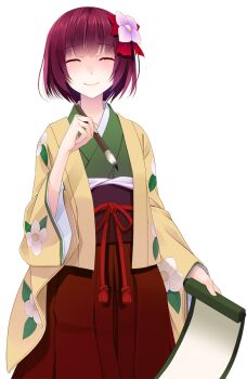 Rule 34 | 1girl, ^ ^, closed eyes, closed mouth, commentary request, cowboy shot, crote, facing viewer, floral print, floral print kimono, flower, furrowed brow, green kimono, hair flower, hair ornament, hakama, hakama skirt, hand up, hieda no akyuu, highres, holding, holding paintbrush, holding scroll, japanese clothes, kimono, large variant set, obi, obijime, open clothes, open kimono, paintbrush, print kimono, purple hair, purple sash, red hakama, sash, scroll, short hair, skirt, smile, solo, standing, tachi-e, touhou, transparent background, variant set, yellow kimono