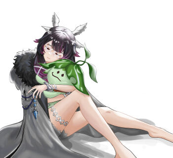 Rule 34 | 1girl, absurdres, aranara (genshin impact), barefoot, black hair, closed eyes, closed mouth, coat, columbina (genshin impact), commentary, english commentary, eye mask, fatui coat, fur-trimmed coat, fur trim, genshin impact, gradient hair, grey coat, hair ribbon, head wings, highres, hug, katsu (cter3272), knee up, light smile, long hair, mask, multicolored hair, purple hair, purple streaks, ribbon, simple background, sitting, thigh strap, two-tone hair, white background, white ribbon, white wings, wings, wrist bow