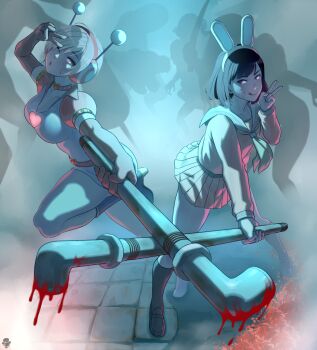 2girls animal_ear_hairband animal_ears black_hair blonde_hair blood blood_on_face bloody_weapon elbow_gloves fake_animal_ears gloves hairband heather_mason highres holding holding_lead_pipe in-franchise_crossover lead_pipe licking_lips mr.t multiple_girls o3o official_alternate_costume one_eye_closed princess_heart_(silent_hill) rabbit_ears school_uniform serafuku shimizu_hinako shimizu_hinako_(pink_rabbit_costume) silent_hill_(series) silent_hill_3 silent_hill_f tongue tongue_out v weapon