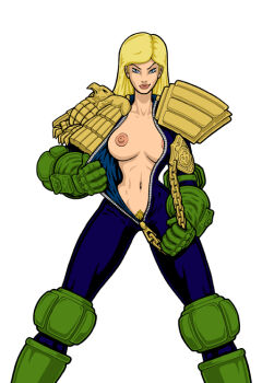 blonde_hair blonde_pubic_hair blue_eyes breasts calibos cassandra_anderson female_focus judge_anderson judge_dredd_(franchise) looking_at_viewer nipples pubic_hair white_background zipper_pull_tab
