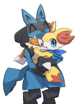 1other animal_ear_fluff bandana bandana_around_neck black_fur blue_bandana blue_eyes blue_fur body_fur closed_eyes closed_mouth fennekin fox furry gen_4_pokemon gen_6_pokemon holding holding_pokemon lucario makoto_ikemu multicolored_fur nintendo one_eye_closed open_mouth pokemon pokemon_(creature) pokemon_focus simple_background smile spikes yellow_fur