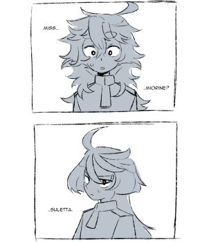 2girls asticassia_school_uniform commentary curly_hair english_commentary english_text greyscale gundam gundam_suisei_no_majo jaywuzhere long_hair looking_at_another miorine_rembran monochrome multiple_girls parted_lips school_uniform suletta_mercury sweat thick_eyebrows