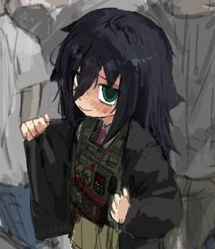 1girl alinkun artist_name black_coat black_hair blush closed_mouth clothing_request coat collared_shirt commentary crowd dot_nose english_commentary green_eyes highres kuroki_tomoko looking_at_viewer necktie open_clothes open_coat raised_inner_eyebrows red_necktie shirt smile solo_focus standing suicide_bomb sweatdrop upper_body watashi_ga_motenai_no_wa_dou_kangaetemo_omaera_ga_warui! white_shirt