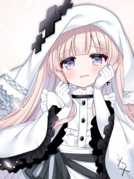 1girl blonde_hair blunt_bangs blush commentary_request cross cross_earrings dress earrings frilled_dress frills gloves hands_up highres hikami_meruru jewelry long_hair long_sleeves looking_at_viewer mahou_shoujo_no_majo_saiban open_mouth priestess purple_eyes shikito_(yawa0w0) simple_background solo tearing_up upper_body veil white_background white_dress white_gloves white_veil