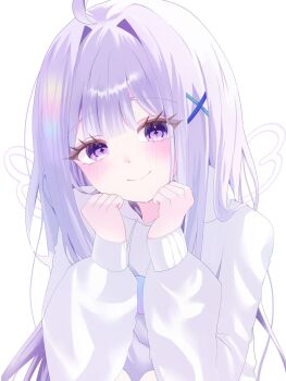 Rule 34 | 1girl, artist request, ayatsuno yuni, center-flap bangs, closed mouth, commentary request, grey hair, hair ornament, hands up, highres, hood, hoodie, korean commentary, long hair, long sleeves, purple eyes, second-party source, smile, solo, split mouth, star-shaped pupils, star (symbol), stellive, straight hair, symbol-shaped pupils, upper body, virtual youtuber, white hoodie, x hair ornament