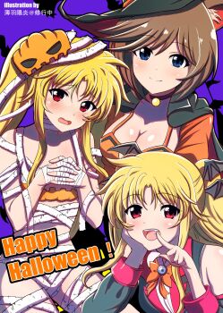 Rule 34 | 3girls, alicia testarossa, animal ears, artist name, bandages, bandeau, bat hair ornament, black cape, black choker, black jacket, blonde hair, blue eyes, blush, bob cut, bow, bowtie, breasts, brown hair, cape, cat ears, cat girl, choker, cleavage, closed mouth, clothing cutout, commentary request, dress, dress shirt, english text, fang, fate testarossa, finger to mouth, frown, hair ornament, halloween, halloween costume, happy halloween, head rest, highres, jacket, large breasts, long sleeves, lyrical nanoha, multiple girls, mummy costume, open mouth, orange bandeau, orange bow, orange bowtie, orange dress, own hands together, red eyes, rynith, shirt, short hair, shoulder cutout, siblings, sisters, smile, twintails, usuba kagerou (shougyouchu), vampire costume, white shirt, wing collar