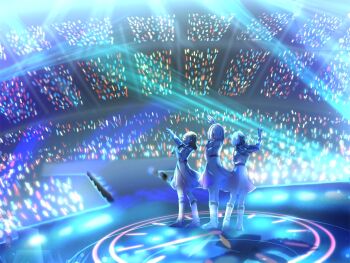 3girls arm_up bare_shoulders bob_cut boots braid brown_hair clothing_cutout commentary_request dollchestra dream_believers dress glowstick hair_ribbon highres holding holding_microphone inverted_bob kachimachi_kosuzu knee_boots kneehighs link!_like!_love_live! long_hair long_sleeves love_live! low_twintails medium_dress microphone multicolored_hair multiple_girls murano_sayaka outstretched_arm penlight_(glowstick) pink_dress red_hair ribbon sakari_(pear_8_ll) short_hair shoulder_cutout side_braids socks stage standing streaked_hair twintails virtual_youtuber white_boots white_hair white_socks wide_shot yugiri_tsuzuri