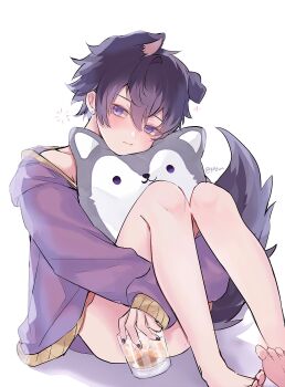1boy alcohol animal_ears bare_legs barefoot black_nails blush bottomless closed_mouth collarbone commentary cup dog_boy dog_ears dog_tail dot_nose drink drinking_glass drunk earrings english_commentary frown full_body hair_between_eyes highres holding holding_drink holding_stuffed_toy hugging_object hugging_own_legs ice ice_cube indie_virtual_youtuber jewelry kemonomimi_mode knees long_hair_between_eyes long_sleeves looking_at_viewer male_focus nail_piercing one_ear_down purple_eyes purple_hair purple_sweater shadow short_hair shoto_(vtuber) simple_background sleeves_past_wrists solo squeans stud_earrings stuffed_animal stuffed_dog stuffed_toy sweater tail toes twitter_username virtual_youtuber white_background yasuureadyforhq