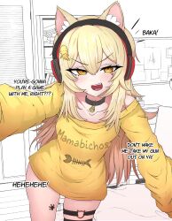Rule 34 | 1girl, absurdres, animal ear fluff, animal ears, bell, black collar, blonde hair, cat ears, cat girl, cat o-ring, clothes writing, collar, collarbone, english text, facial mark, fang, fish bone print, hair between eyes, headphones, heart, heart facial mark, highres, indie virtual youtuber, long hair, mayoa, neck bell, no pants, nyana bananya, o-ring, o-ring thigh strap, open mouth, paw print, solo, sweater, thigh strap, virtual youtuber, yellow eyes, yellow sweater