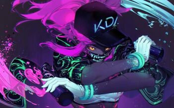 1girl akali baseball_cap commentary_request dual_wielding duplicate gloves hat holding idol jacket k/da_(league_of_legends) k/da_akali kawacy league_of_legends long_hair mask mouth_mask paint_splatter pink_hair raver sleeves_pushed_up solo spray_paint ultraviolet_light white_gloves yellow_eyes