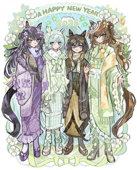 2026 4girls absurdres alternate_costume animal_ears animal_on_arm ankle_socks anklet aqua_eyes aqua_hair back_bow bag bandaid bandaid_on_face bandaid_on_nose beads bird bird_on_arm black-framed_eyewear black_hair black_jacket black_ribbon black_socks blonde_hair blue_background blue_eyes blue_sash border bow bowtie brooch brown_hair brown_sandals bug butterfly cat closed_mouth commentary_request double_bun ear_bow ear_covers ear_ornament expressionless eyelashes eyewear_on_head fish_bag fishnet_socks fishnets floral_print flower flower_brooch flower_knot frilled_bowtie frilled_kimono frills fringe_trim full_body fur_scarf gradient_hair green_bow green_bowtie green_kimono green_pantyhose green_ribbon green_socks grey_bag grey_shoes hair_beads hair_between_eyes hair_bun hair_flower hair_ornament hair_ribbon hairband hairclip handbag haori happy happy_new_year hat hat_bow hawk high_heels highres holding holding_bag horse_ears horse_girl horse_tail insect jacket japanese_clothes jewelry kimono kumo_(mokumoku_warabi) lace-trimmed_hairband lace-trimmed_headwear lace_trim light_blush light_frown long_sleeves loose_socks messy_hair mini_hat mini_top_hat mount_fuji mouth_hold mr._c.b._(umamusume) multicolored_hair multiple_girls narita_brian_(umamusume) new_year obi offering_hand okobo pantyhose parallel_hairclips pink_shoes plaid_clothes plaid_kimono platform_sandals polka_dot polka_dot_socks ponytail print_kimono print_shawl purple_bow purple_flower purple_hat purple_kimono purple_sandals purple_sash purple_scarf purple_socks ribbon ribbon-trimmed_sleeves ribbon_trim rose_print sandals sash scarf seiun_sky_(umamusume) shawl shoes short_hair single_ear_cover sleeve_bow sleeves_past_fingers sleeves_past_wrists smile sneakers socks stalk_in_mouth standing star_(symbol) stay_gold_(umamusume) stiletto_heels stirrup_legwear streaked_hair striped_bow striped_clothes striped_pantyhose sunglasses table tail tinted_eyewear toeless_legwear top_hat tsurime two-tone_hair umamusume vertical-striped_clothes vertical-striped_pantyhose waist_bow wavy_hair white_border white_bow white_flower white_hairband white_hat white_ribbon white_scarf wide_sleeves yellow-tinted_eyewear yellow_bow yellow_butterfly yellow_eyes yellow_kimono yellow_ribbon yellow_shawl yukata