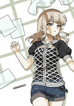 Rule 34 | 1girl, black shirt, blue shorts, commentary request, girls band cry, grey eyes, grey hair, habsida (habsida hpy), highres, kawaragi momoka, long hair, lying, multicolored hair, on back, open mouth, paper, roots (hair), shadow, shirt, short sleeves, shorts, sidelocks, solo