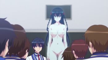 1girl black_eyes black_hair blue_eyes bow breasts classroom completely_nude curvy groin himekawa_hayuru hologram kadokawa large_breasts legs long_hair masou_gakuen_hxh miyai_kana multiple_boys nipples nude public_indecency screencap standing twintails