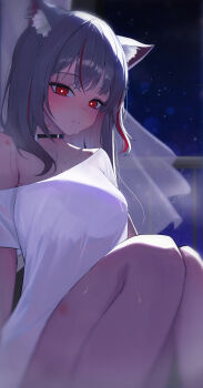 1girl absurdres animal_ear_fluff animal_ears bite_mark bite_mark_on_shoulder black_choker blush breasts bright_pupils choker closed_mouth collarbone commentary grey_hair hickey highres knees_up large_breasts long_hair looking_at_viewer neneko_mashiro off-shoulder_shirt off_shoulder red_eyes shirt short_sleeves sirong_e sitting solo split_mouth stellive sweat virtual_youtuber white_shirt yellow_pupils