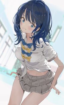 1girl absurdres blue_bow blue_bowtie blue_eyes blue_hair blush bow bowtie breasts collared_shirt grey_skirt highres large_breasts leaning_forward legs looking_at_viewer make_heroine_ga_oo_sugiru! medium_hair midriff navel panties panty_pull pjkka pulling_own_clothes school_uniform shirt short_sleeves skirt smile solo teasing thighs underwear white_shirt yanami_anna yellow_bow yellow_bowtie