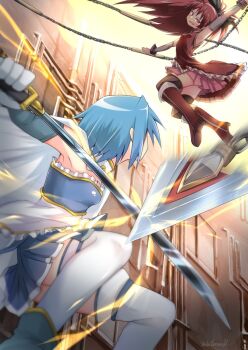 Rule 34 | 2girls, armor, black bow, black thighhighs, blue hair, blue skirt, boots, bow, breastplate, cape, detached sleeves, dress, duel, frilled dress, frills, hair bow, highres, holding, holding sword, holding weapon, hoshikage wataru, long hair, magical girl, mahou shoujo madoka magica, miki sayaka, miki sayaka (magical girl), miniskirt, multiple girls, red boots, red dress, red eyes, red hair, sakura kyoko, sakura kyoko (magical girl), skirt, sleeveless, sleeveless dress, sword, thighhighs, weapon, white cape, white thighhighs