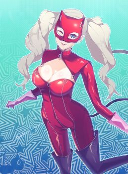 1girl ;p blonde_hair blue_eyes bodysuit boots breasts cat_mask cat_tail cleavage collarbone commentary_request corner50777313 earrings gloves hair_ornament hairclip highres jewelry large_breasts long_hair looking_at_viewer mask one_eye_closed panther_(persona_5) persona persona_5 red_bodysuit skin_tight solo stud_earrings tail takamaki_anne thigh_boots tongue tongue_out twintails very_long_hair