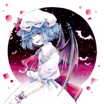 Rule 34 | 1girl, absurdres, ascot, back bow, bat (animal), bat wings, blue hair, bow, circle, collar, colored pencil (medium), commentary request, cowboy shot, fangs, frilled collar, frilled wrist cuffs, frills, from side, gem, green gem, hat, hat ribbon, highres, light particles, pink hat, pink shirt, pink skirt, puffy short sleeves, puffy sleeves, red ascot, red bow, red eyes, red ribbon, remilia scarlet, ribbon, shapes, shirt, short hair, short sleeves, skirt, slit pupils, smile, solo, sorakun ai1y, square, touhou, traditional media, triangle, white background, wings, wrist cuffs
