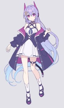 1girl :< bare_shoulders black_choker black_jacket black_shoes blue_hair breasts choker commentary_request dress full_body gradient_hair hair_between_eyes hair_ornament headgear hijiri_(resetter) jacket long_hair long_sleeves multicolored_hair nayuta_(hijiri) off_shoulder open_clothes open_jacket original puffy_long_sleeves puffy_sleeves purple_eyes purple_hair shoes small_breasts socks solo standing standing_on_one_leg star_(symbol) star_hair_ornament very_long_hair white_dress white_socks