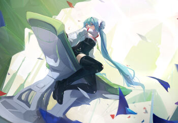 1girl absurdres aqua_eyes aqua_hair asymmetrical_bodysuit black_bodysuit black_boots bodysuit boots commentary_request cropped_jacket dutch_angle flame_print floating_hair from_below full_body goodsmile_company goodsmile_racing hair_between_eyes hatsune_miku highres jacket long_hair long_sleeves racing_miku racing_miku_(2022) scenery single_leg_bodysuit single_thigh_boot single_thighhigh sitting smiley_face solo text_print thigh_boots thighhighs twintails very_long_hair vocaloid white_jacket yi_ren_fen_mu