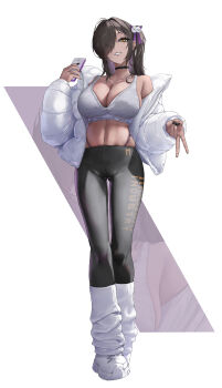 1girl absurdres akiaki_aki alternate_costume belt_collar black_collar black_hair black_nails black_pants bow breasts cameltoe cellphone cleavage clothes_writing collar collarbone colored_inner_hair commentary_request dark-skinned_female dark_skin ear_piercing fingernails full_body gluteal_fold goddess_of_victory:_nikke grey_sports_bra grin gyaru_v hair_bow hair_ornament hair_over_one_eye hairclip hands_up highres holding holding_phone jacket large_breasts leg_warmers long_hair long_sleeves looking_at_viewer midriff mole mole_on_breast mole_under_mouth multicolored_hair naga_(nikke) nail_polish navel one_eye_covered open_clothes open_jacket padded_jacket pants panty_straps parted_lips phone piercing platform_shoes pom_pom_(clothes) pom_pom_hair_ornament purple_bow purple_hair shoes side_ponytail sideboob single_bare_shoulder single_off_shoulder smartphone smile sneakers solo sports_bra standing stomach tight_clothes tight_pants two-tone_hair unzipped v white_background white_jacket white_leg_warmers white_shoes yellow_eyes zipper zoom_layer