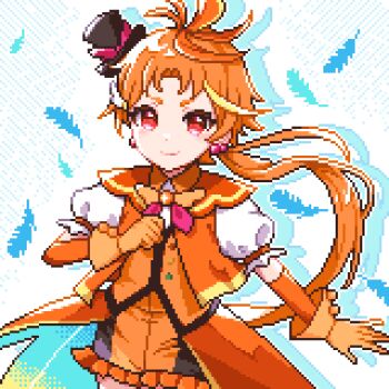 1boy amefu_luna black_hat closed_mouth commentary cure_wing drop_shadow feathers gloves hat highres hirogaru_sky!_precure long_hair looking_at_viewer magical_boy male_focus mini_hat orange_gloves orange_hair orange_shorts orange_vest outline pixel_art precure red_eyes short_sleeves shorts smile solo upper_body vest white_background white_outline yuunagi_tsubasa