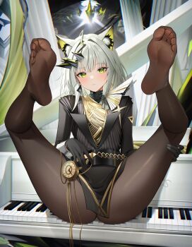 1girl absurdres animal_ears arknights blush feet feet_up green_eyes highres ighres instrument kal'tsit_(arknights) long_hair looking_at_viewer pantyhose piano radoremo soles toes white_hair