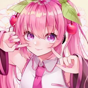 1girl blush cherry_hair_ornament closed_mouth collared_shirt commentary_request food-themed_hair_ornament hair_between_eyes hair_ornament hatsune_miku headphones highres long_hair looking_at_viewer miku_day necktie pink_eyes pink_hair pink_nails pink_necktie pink_trim sakura_miku sasakichi_(ssk_chi) shirt sleeveless sleeveless_shirt smile solo twintails very_long_hair vocaloid white_shirt