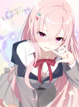 Rule 34 | 1girl, \m/, absurdres, blurry, blurry background, blush, bow, bowtie, breasts, buttons, charo (meme), cleavage, collared shirt, commentary request, copyright name, cowboy shot, depth of field, doruzou18, embarrassed, eyelashes, eyes visible through hair, grey jacket, grey skirt, hair between eyes, hair ornament, hair over shoulder, hairclip, hand up, harumi ena, highres, jacket, large breasts, leaning forward, limelight lemonade jam, long hair, long sleeves, looking at viewer, meme, open clothes, open mouth, open shirt, parallel hairclips, pink hair, red bow, red bowtie, red eyes, school uniform, shirt, sidelocks, skirt, slit pupils, solo, sparkle, upturned eyes, v-shaped eyebrows, very long hair, wavy mouth, white shirt