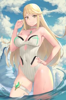 1girl bare_shoulders blonde_hair blue_sky breasts chest_jewel choker cleavage cloud covered_navel female_focus gem j@ck large_breasts long_hair looking_at_viewer matching_hair/eyes mythra_(radiant_beach)_(xenoblade) mythra_(xenoblade) nintendo one-piece_swimsuit skindentation sky smile solo standing strapless strapless_one-piece_swimsuit swept_bangs swimsuit thigh_strap very_long_hair water xenoblade_chronicles_(series) xenoblade_chronicles_2 yellow_eyes