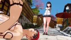 1boy 1girl 3d animated bare_legs black_hair broken_neck death femdom gridman_universe highres koikatsu_(medium) legs long_hair miniskirt murder pantyhose rasuku road skirt sound ssss.gridman street tagme takarada_rikka thighs underwear video