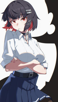 1girl absurdres akubaibai black_choker black_hair blue_skirt breasts charter_arms_undercover choker colored_inner_hair commentary cowboy_shot crossed_arms ellen_joe ellen_joe_(on_campus) english_commentary fins fish_tail highres large_breasts lollipop_in_mouth looking_at_viewer mole mole_under_eye multicolored_hair official_alternate_costume pendant_choker razor_blade_hair_ornament red_eyes red_nails shark_girl shark_tail shirt shirt_tucked_in short_hair simple_background skirt sleeves_rolled_up solo tail white_background white_shirt zenless_zone_zero