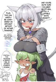 2girls :o =_= animal_ears aura bag bandaid bandaid_on_face black_skirt blue_eyes blush braid breast_rest breasts breasts_on_head brooch cat_ears cat_girl cat_tail chibi chibi_inset cleavage_cutout closed_eyes clothing_cutout commentary crossed_bandaids english_commentary english_text facial_mark fang feet_out_of_frame final_fantasy final_fantasy_xiv fingernails freckles fur-trimmed_shirt fur_trim green_hair green_jacket grey_eyes grey_shirt highres imagining jacket jacket_partially_removed jewelry l_hand lalafell large_breasts layered_skirt long_skirt long_sleeves looking_down medium_hair miqo'te multiple_girls nose_blush open_mouth pink_nails pointy_ears raised_eyebrow red_bag scar scar_on_face shirt shoulder_bag sidelocks sifserf skeptical skin_fang skirt slit_pupils speech_bubble sweatdrop swept_bangs tail tank_top thought_bubble two_side_up upper_body v-shaped_eyebrows warrior_of_light_(ff14) white_tank_top y'shtola_rhul yuri