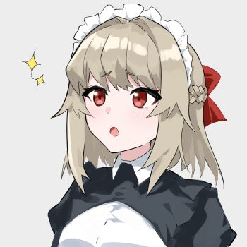 Rule 34 | 1girl, :o, absurdres, blonde hair, braid, breasts, commentary request, fith, gloves, grey background, hair ribbon, highres, light blush, maid, maid headdress, medium hair, open mouth, overlord (maruyama), partial commentary, puffy sleeves, red eyes, red ribbon, ribbon, simple background, single tear, solo, sparkle, takanashi (user vxxe8777), upper body, white gloves