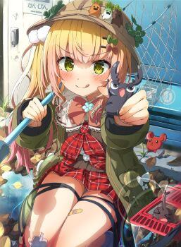 1girl absurdres ama_rei autumn_leaves bandaid bandaid_on_leg beetle blonde_hair bug butterfly_net commentary_request green_eyes green_jacket hair_ornament hand_net hat hercules_beetle highres hololive insect jacket leaf licking_lips long_hair momosuzu_nene momosuzu_nene_(casual) nekko_(momosuzu_nene) official_alternate_hairstyle plaid_clothes plaid_skirt pom_pom_(clothes) pom_pom_hair_ornament puddle pith_helmet skirt smile stag_beetle tongue tongue_out virtual_youtuber