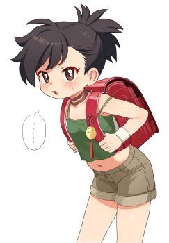 ... 1girl backpack bag black_hair blush brown_eyes child choker commentary_request dororo_(character) dororo_(tezuka) funifuchan highres holding_strap looking_at_viewer navel randoseru shorts simple_background solo spoken_ellipsis white_background