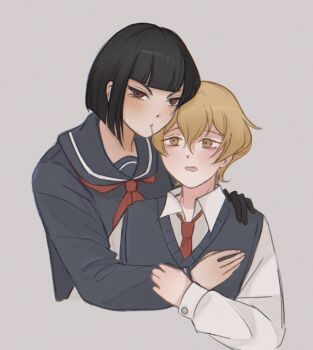 1boy 1girl absurdres alternate_costume biting_hair black_gloves black_hair black_sailor_collar black_serafuku black_vest blonde_hair blush collared_shirt couple gloves grey_background hetero highres hime_cut limbus_company open_mouth project_moon raccono_2811 red_eyes ryoshu_(project_moon) sailor_collar school_uniform serafuku shirt short_hair simple_background sinclair_(project_moon) vest white_shirt yellow_eyes