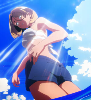 1girl absurdres anime_screenshot ass bikini bikini_top_only blonde_hair blue_shorts brown_hair cowboy_shot dutch_angle female_focus from_behind highres kohinata_poemu looking_at_viewer looking_back looking_down ocean outdoors parted_lips ponkotsu_fuuki_iin_to_skirt-take_ga_futekisetsu_na_jk_no_hanashi short_hair shorts solo stitched sunlight swimsuit thighs third-party_edit white_bikini