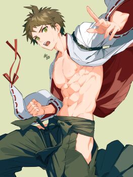 1boy abs ahoge brown_hair clenched_hand clothing_cutout commentary_request danganronpa_(series) green_background green_eyes hakama hakama_pants highres hinata_hajime hip_bones hip_vent japanese_clothes koperyne long_sleeves looking_at_viewer male_focus muscular muscular_male navel nipples open_clothes open_mouth pants pectorals ribbon_trim short_hair simple_background skirt solo sweat teeth tongue very_short_hair wide_sleeves